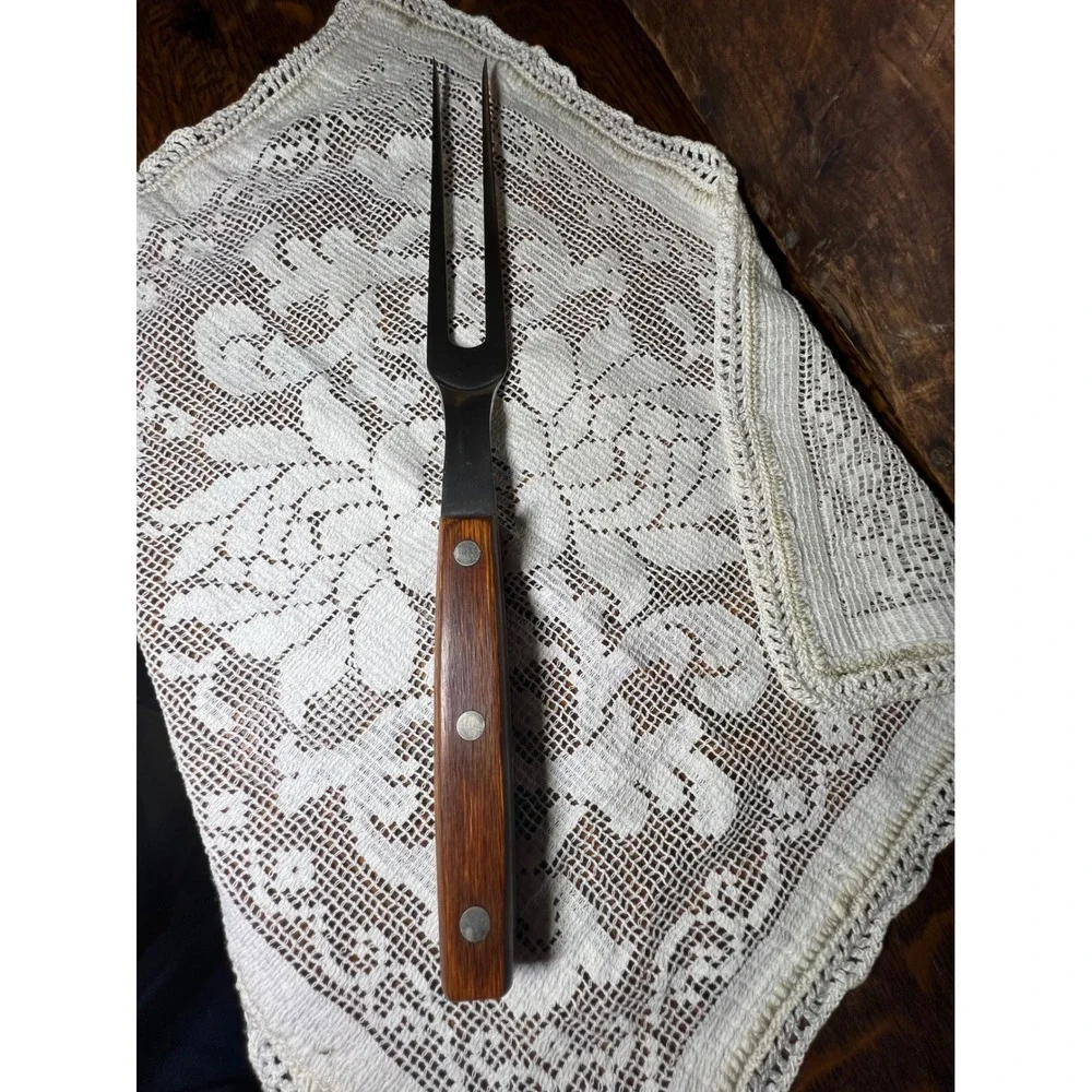 Vintage Stainless Steel Meat Carving Fork Wood Handle 3 Rivet 14 Inch Serving - Picture 2 of 5